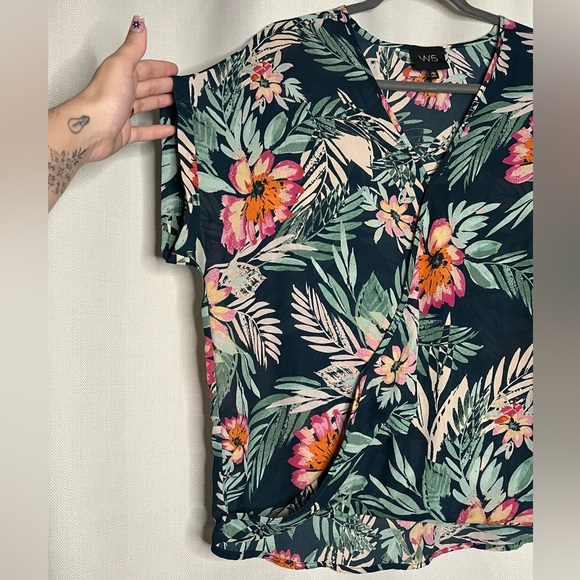 W5 Navy Blue Tropical Print Surplice Blouse - Picture 4 of 7